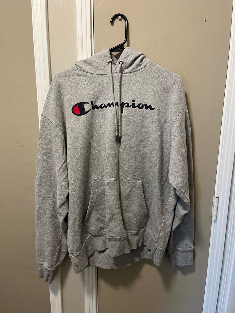 Champion Gray Pullover Hoodie with Script Logo and Red Crest